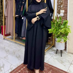 عباية تريبل كلوش كم مروحة الخامة جكار حرير سواد فاحم