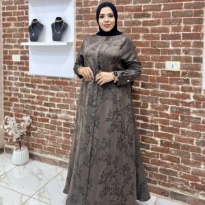 عباية دبل كلوش كم ضيق قلاب جكار كتان منقوش اللون كافية