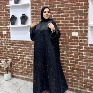 عباية دبل كلوش كم ضيق اسود منقرش حرير ستان مستورد